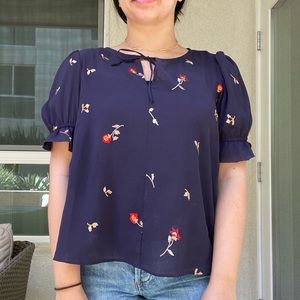 Madewell Navy Blouse Embroidered Floral Detail